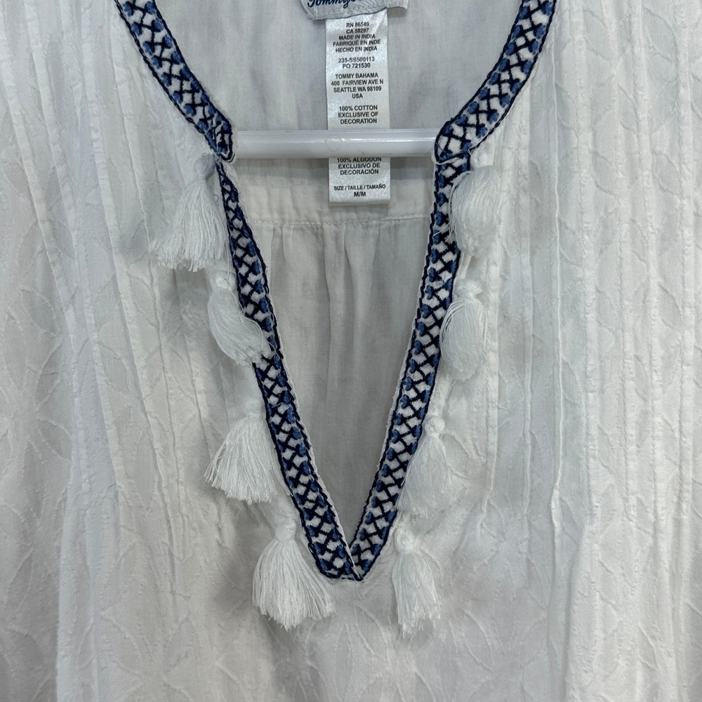 Tommy Bahama White Cotton Jacquard Tiered Tassel Mini Dress Navy Embroidery M/M - Picture 3 of 8